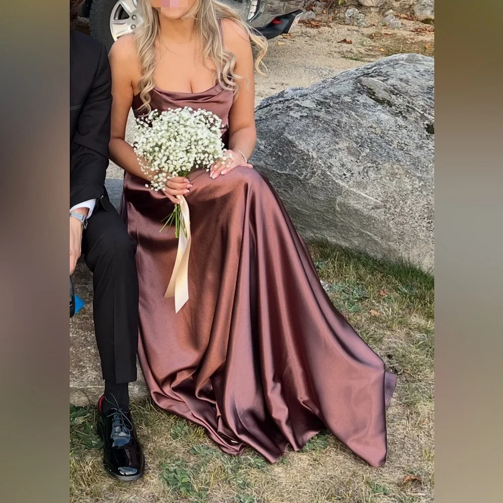 Azazie Elle Metallic Satin Dress in Espresso - Picture 5 of 9